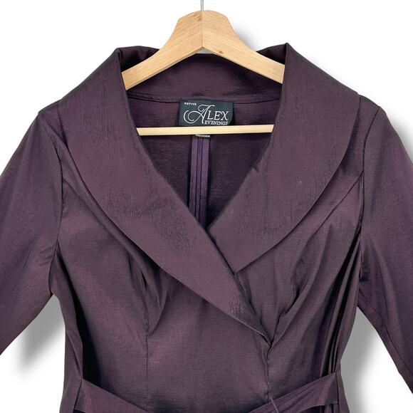 Alex Evenings Tie Waist Shawl Collar Taffeta Belted Top Shirt Womens Sz S Plum - Picture 2 of 9